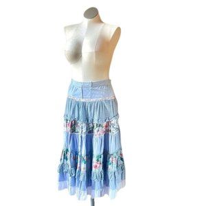 Vintage 80s Western Wear Prairie Skirt Blue Floral Size Medium Gunne Sax Style